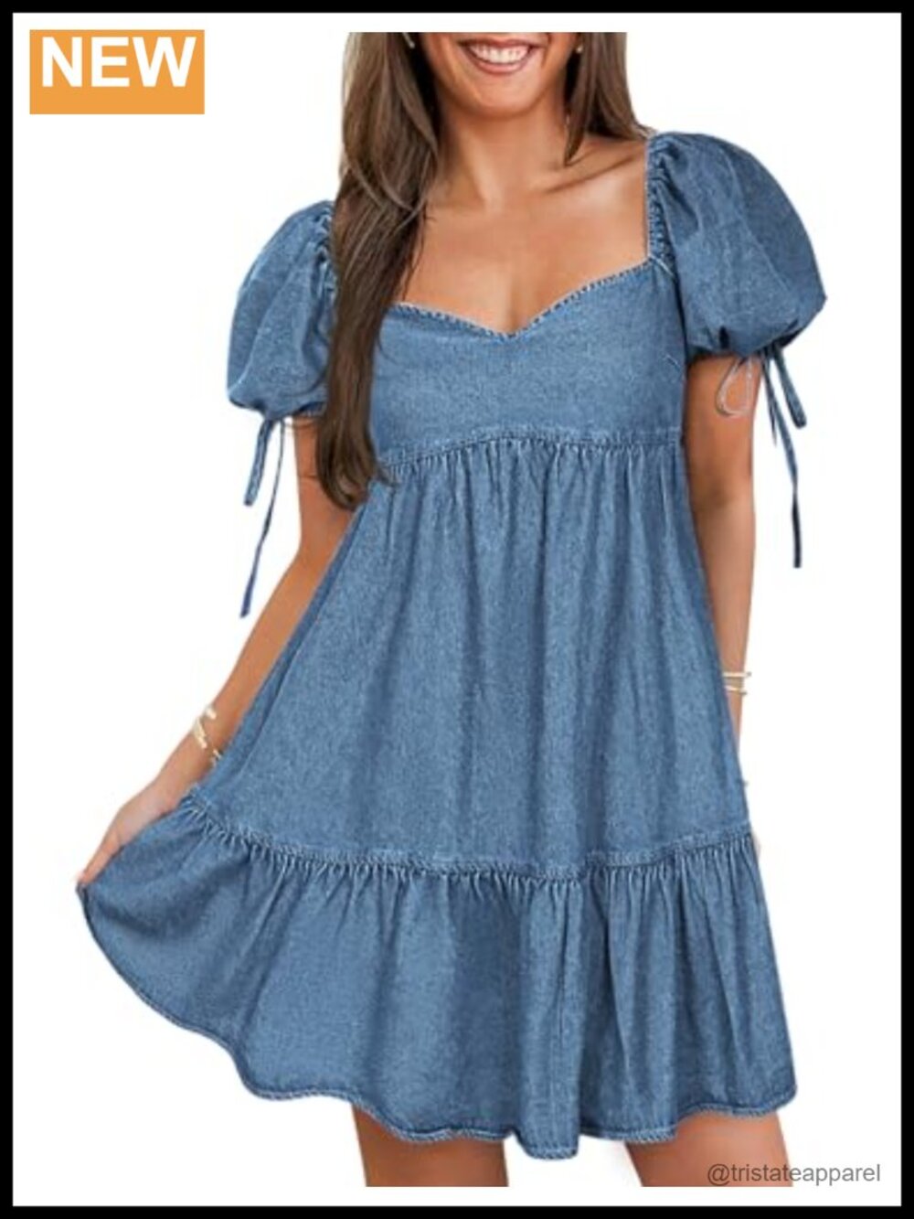 Denim Mini Dress Puff Short Sleeve Sweetheart A-Line High Waist